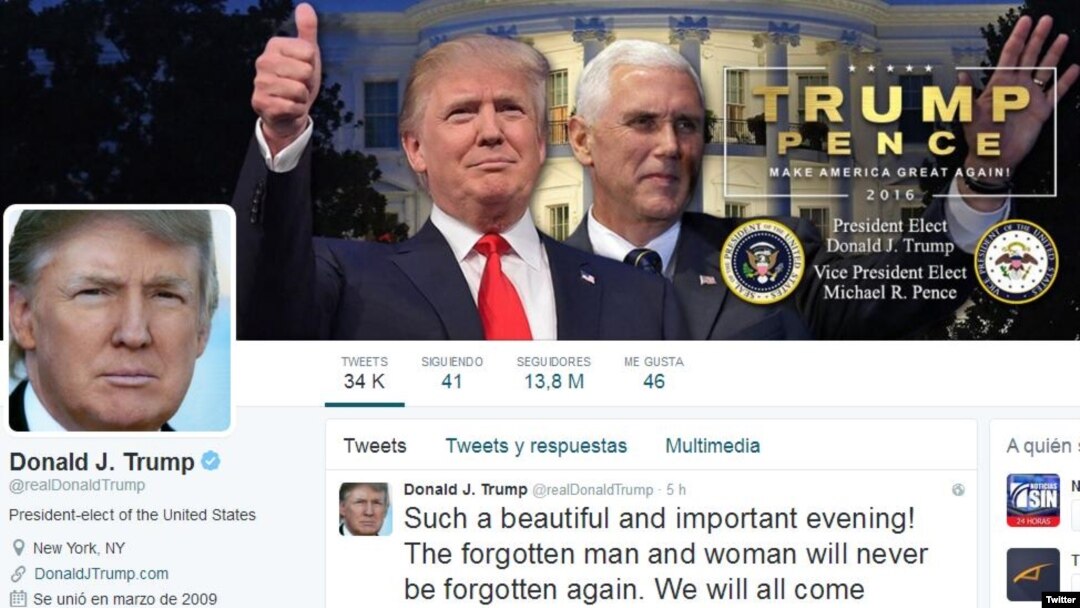 Trump actualiza su Twitter como presidente electo
