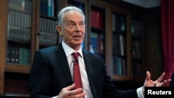 FILE - Former British Prime Minister Tony Blair speaks at the Hallam Conference Centre in London, Dec. 18, 2019. 