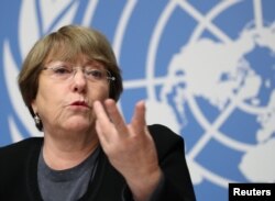 FILE - U.N. High Commissioner for Human Rights Michelle Bachelet speaks at a news conference at the United Nations in Geneva, Switzerland, Dec. 5, 2018.