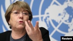 FILE - U.N. High Commissioner for Human Rights Michelle Bachelet speaks at a news conference at the United Nations in Geneva, Switzerland, Dec. 5, 2018.