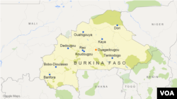 Burkina Faso, featuring the cities of Ouagadougou, Bobo-Dioulasso, Koudougou, Ouahigouya, Banfora, Dedougou, Kaya, Dori, Tenkodogo, and Reo