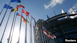 Flags of European Union member states fly in front of the European Parliament building in Strasbourg, France, April 15, 2014. 