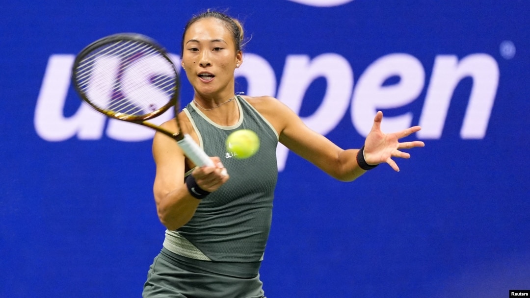 FILE - Zheng Qinwen, of China, plays during the quarterfinals of the U.S. Open tennis championships in Flushing, New York, Sept. 3, 2024. (Robert Deutsch-Imagn Images via Reuters)