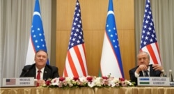 U.S. Secretary of State Mike Pompeo and Uzbekistan Foreign Minister Kamilov Abdulaziz Khafizovich hold a joint press conference in Tashkent, Uzbekistan, Feb. 3, 2020.