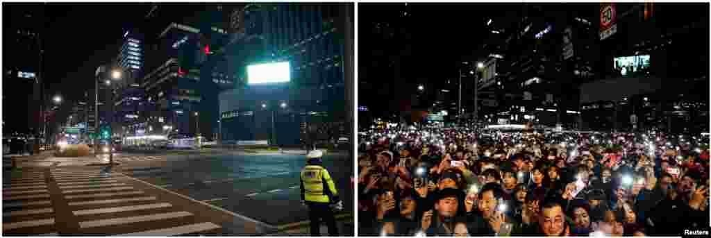 A combination photo shows people attending a ceremony to celebrate the New Year on Dec. 31, 2019 (R), and a policeman standing on a zebra crossing on New Year&#39;s Eve amid the coronavirus disease (COVID-19) pandemic, in Seoul, South Korea, Dec. 31, 2020.