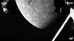 This image made available by the European Space Agency shows the planet Mercury. The picture was taken by the joint European-Japanese BepiColombo spacecraft Mercury Transfer Module’s Monitoring Camera 2, Oct. 1, 2021. 
