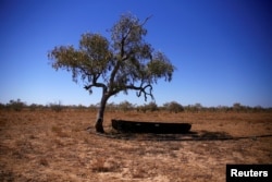 A rusted boat that was last used during local floods in the 1940s sits under a tree in a paddock near the Thomson River on the outskirts of the outback town of Stonehenge, in Queensland, Australia, Aug. 13, 2017.