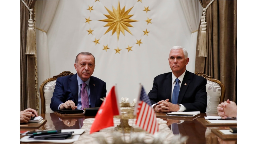 Vice President Mike Pence meets with Turkish President Recep Tayyip Erdogan at the Presidential Palace for talks on the Kurds and Syria, Oct. 17, 2019, in Ankara, Turkey.