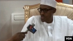 FILE - Nigerian President Muhammadu Buhari is interviewed by VOA’s Aliyu Mustapha, June 12 in Abuja, Nigeria.