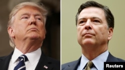 FILE - A combination photo shows U.S. President Donald Trump (left) in the House of Representatives in Washington, Feb. 28, 2017 and FBI Director James Comey in Washington on July 7, 2016. 