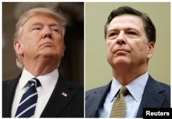 FILE PHOTO: A combination photo shows U.S. President Donald Trump (L) in the House of Representatives in Washington, U.S., on February 28, 2017 and FBI Director James Comey in Washington on July 7, 2016.