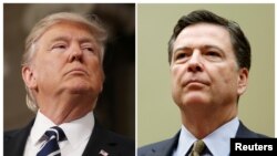 FILE - A combination photo shows U.S. President Donald Trump (L) in the House of Representatives in Washington, U.S., on February 28, 2017 and FBI Director James Comey in Washington on July 7, 2016. 