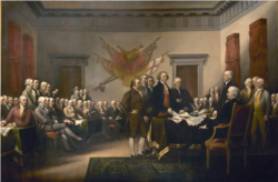 Declaration of Independence painting by John Trumbull in 1818. The famous work hangs in the US Capitol Building in Washington, D.C.