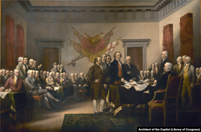 Declaration of Independence painting by John Trumbull in 1818. The famous work hangs in the US Capitol Building in Washington, D.C.