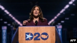 Senator from California and Democratic vice presidential nominee Kamala Harris speaks during the third day of the Democratic National Convention, being held virtually amid the novel coronavirus pandemic, at the Chase Center in Wilmington, Delaware…