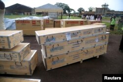 World Health Organization (WHO) medical supplies to combat the Ebola virus are seen packed in crates at the airport in Mbandaka, Democratic Republic of Congo, May 19, 2018.