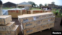 World Health Organization (WHO) medical supplies to combat the Ebola virus are seen packed in crates at the airport in Mbandaka, Democratic Republic of Congo, May 19, 2018. 