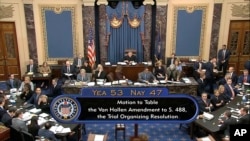 In this image from video, the 53-47 vote on the motion to table an amendment during the impeachment trial against President Donald Trump in the Senate at the U.S. Capitol in Washington, Friday, Jan. 31, 2020. (Senate Television via AP)