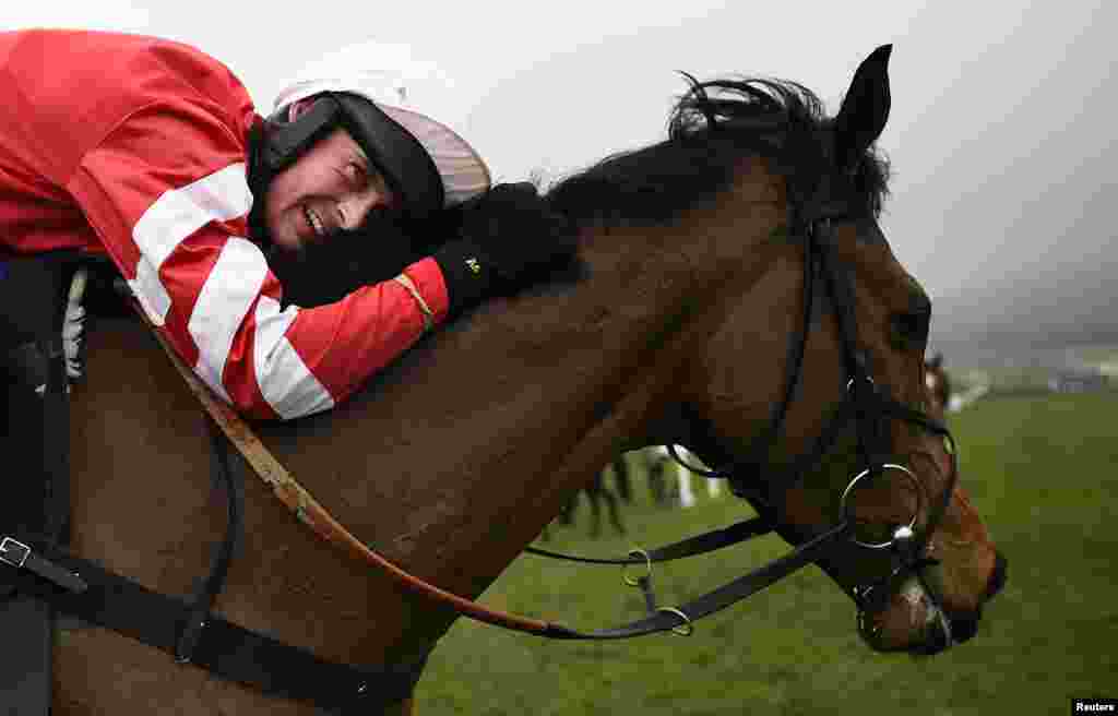 Nico de Boinville celebrates winning the 15.20 Betfred Cheltenham Gold Cup Chase on Coneygree, U.K., March 13, 2015.