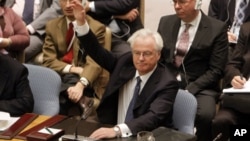 Russian representative Vitaly Churkin vetoes a draft resolution backing an Arab League call for Syrian President Bashar Assad to step down during a meeting of the United Nations Security Council at United Nations headquarters on Saturday, Feb. 4, 2012.
