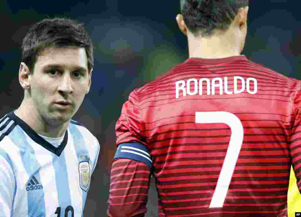 Lionel Messi de l&#39;Argentine, à gauche, se tient près de Cristiano Ronaldo du Portugal avant leur match de football amical international au stade d&#39;Old Trafford, Manchester, en Angleterre, mardi 18 novembre 2014.