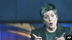 Homeland Security Secretary Janet Napolitano answers questions, after delivering the first annual 'State of America's Homeland Security' address at The George Washington University's Homeland Security Policy Institute in Washington, January 27, 2011