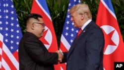 FILE - U.S. President Donald Trump shakes hands with North Korea leader Kim Jong Un at the Capella resort on Sentosa Island in Singapore, June 12, 2018.