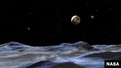 This artist concept shows Pluto and some of its moons, as viewed from the surface of one of the moons. Pluto is the large disk at center. Charon is the smaller disk to the right.