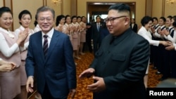 문재인 한국 대통령이 18일 평양 백화원 영빈관에 도착해 김정은 북한 국무위원장의 안내를 받고 있다.