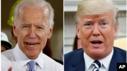 FILE - Former Vice President Joe Biden speaks in Collier, Pa., March 6, 2018, and President Donald Trump speaks in the Oval Office of the White House in Washington, March 20, 2018.