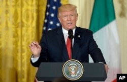President Donald Trump speaks during a news conference with Italian Prime Minister Paolo Gentiloni (not seen) in the East Room of the White House in Washington, April 20, 2017