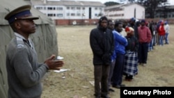 FILE: Voters waiting to vote outside a polling station in Harare.