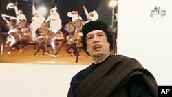 Libyan leader Moammar Gadhafi speaks during a live speech in this still image taken from video April 30, 2011