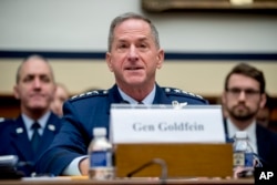 FILE - U.S. Air Force Chief of Staff Gen. David Goldfein speaks during a House Armed Services Committee budget hearing on Capitol Hill in Washington, April 2, 2019.