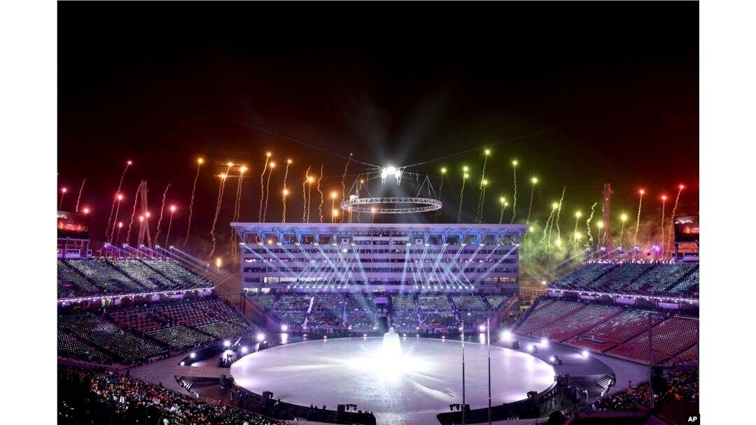 Fireworks are set off during the opening ceremony of the 2018 Winter Olympics in Pyeongchang, South Korea, Feb. 9, 2018.