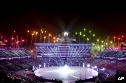 Fireworks are set off during the opening ceremony of the 2018 Winter Olympics in Pyeongchang, South Korea, Feb. 9, 2018.