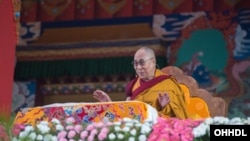 His Holiness the Dalai Lama during the second day of the Jangchub Lam Rim teaching at Tashi Lhunpo Monastery in Bylakuppe, Karnataka, India on December 21, 2015. Photo/Tenzin Choejor/OHHDL