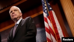 Senator John McCain looks on during a press conference on Capitol Hill in Washington, July 27, 2017. 