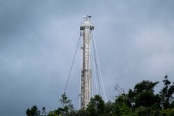 One of three concrete support towers for the Arecibo Observatory radio telescope is seen in Arecibo, Puerto Rico, Nov. 19, 2020.