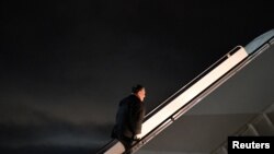 U.S. Secretary of State Mike Pompeo makes his way to board a flight from Andrews Air Force Base in Maryland, as he heads for Rovaniemi, Finland to attend the Arctic Council Ministerial Meeting, May 5, 2019. 