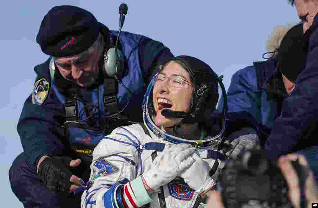 U.S. astronaut Christina Koch reacts shortly after the landing of the Russian Soyuz MS-13 space capsule about 150 km ( 80 miles) south-east of the Kazakh town of Zhezkazgan, Kazakhstan. Koch wrapped up a 328-day mission on her first flight into space, providing researchers the opportunity to observe effects of long-duration spaceflight on a woman as the agency plans to return to the Moon under the Artemis program.