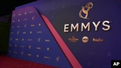 Signage is seen for the 76th Primetime Emmy Awards at the Peacock Theater in Los Angeles,Sept. 15, 2024. (Photo by Richard Shotwell/Invision/AP)