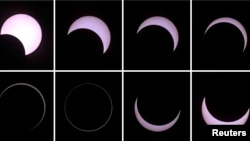 A combination of pictures shows the beginning to the end (top L to bottom R) of an annular solar eclipse seen from a beach of the French Indian Ocean island of La Reunion, September 1, 2016. REUTERS/Gilles Adt 