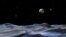 This artist concept shows Pluto and some of its moons, as viewed from the surface of one of the moons. Pluto is the large disk at center. Charon is the smaller disk to the right.
