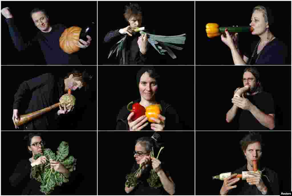 A combination picture shows musicians from the Vegetable Orchestra posing with their instruments which are made from vegetables, in Haguenau, eastern France.