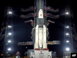 Indian Space Research Organization's Geosynchronous Satellite Launch Vehicle MkIII-M1 at its launch pad in Sriharikota, an island off India's south-eastern coast, July 2019.
