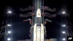 This July 2019, photo released by the Indian Space Research Organization (ISRO) shows its Geosynchronous Satellite Launch Vehicle (GSLV) MkIII-M1 at its launch pad in Sriharikota, an island off India's south-eastern coast.