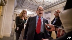 FILE - House Judiciary Committee Chairman Jerrold Nadler, D-N.Y., speaks after a session with Democratic members to prepare for a hearing with legal experts on grounds for impeaching President Donald Trump, on Capitol Hill, Dec. 3, 2019. 
