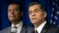 FILE - California Attorney General Xavier Becerra, right, flanked by Secretary of State Alex Padilla, speaks to reporters at the Capitol in Sacramento, Sept. 5, 2017. Becerra's lawsuit aimed at stopping the U.S.-Mexico border wall makes arguments similar to those made in a lawsuit brought last week by advocacy groups.