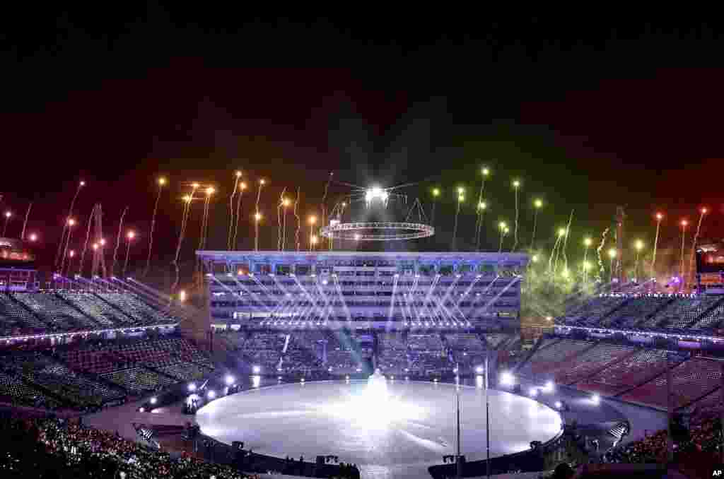 Fireworks are set off during the opening ceremony of the 2018 Winter Olympics in Pyeongchang, South Korea, Feb. 9, 2018. 